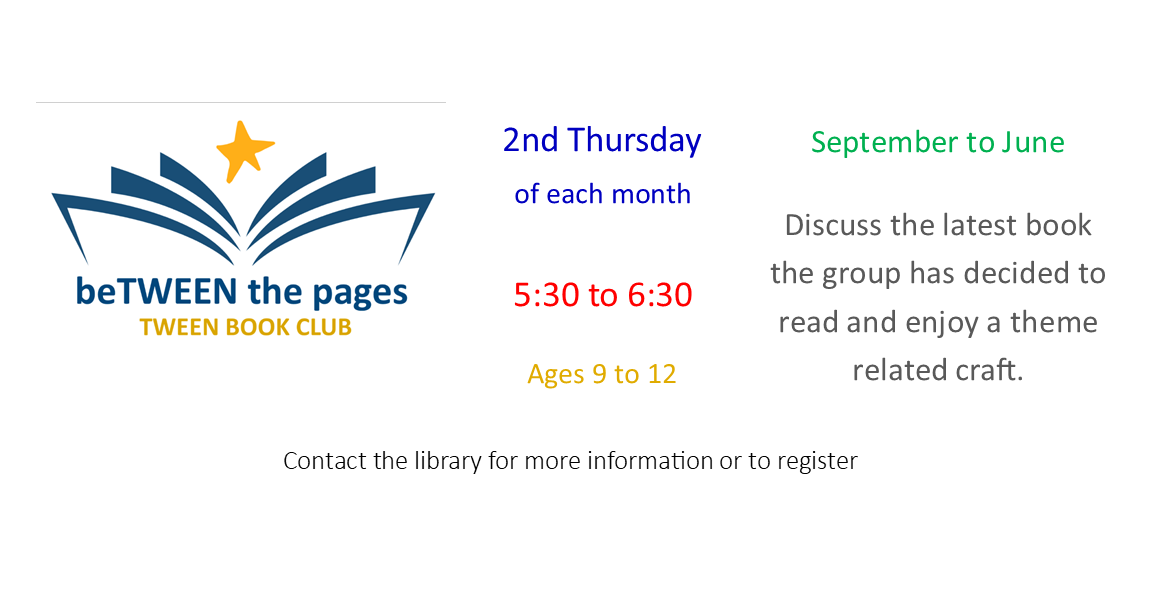 Tween book club ad on the second Thursday of each month through the school year